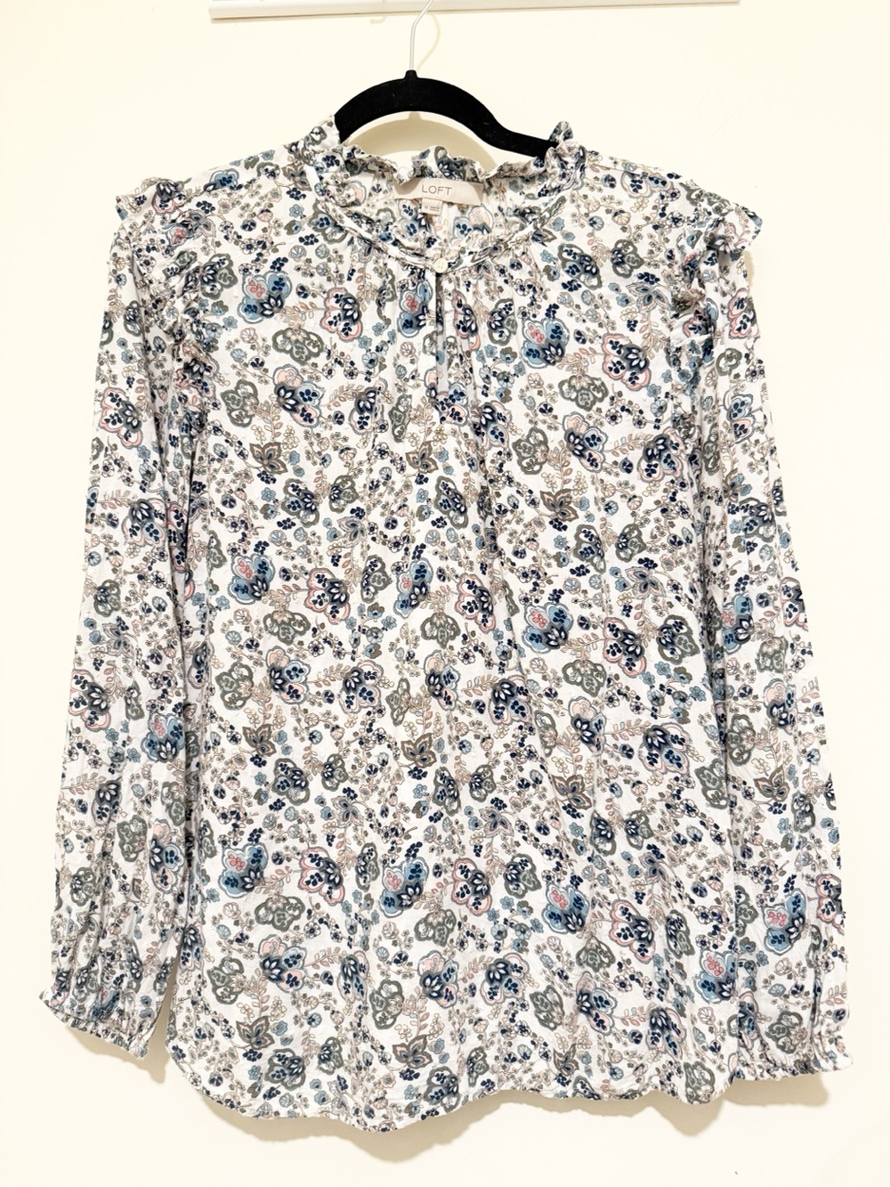 LOFT White Floral Paisley Ruffle-Neck Long Sleeve Blouse